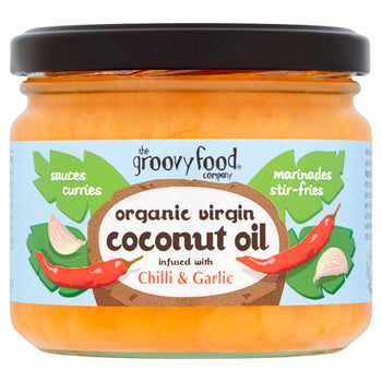 Groovy Food Company Olio di cocco vergine biologico infuso con peperoncino e aglio 283 ml