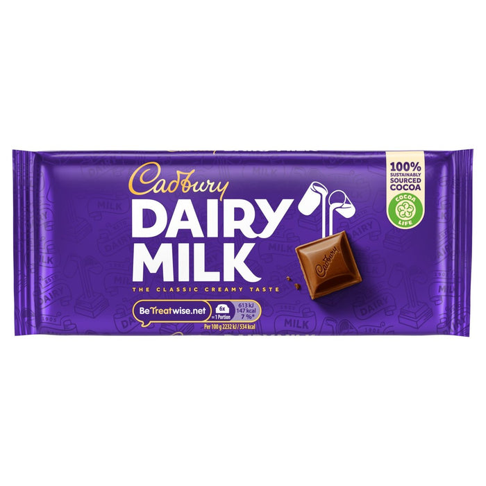 Cadbury Dairy Milk chocolate bar packaging with a purple background, featuring an image of the chocolate bar and the brand's logo.