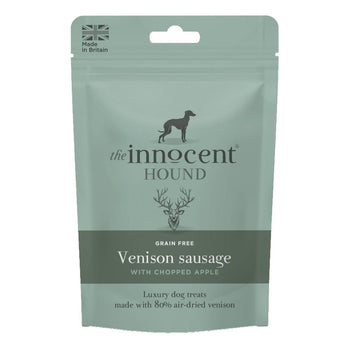 Der Innocent Hound Dog behandelt Wildbret -Würste mit gehacktem Apfel 7 pro Pack