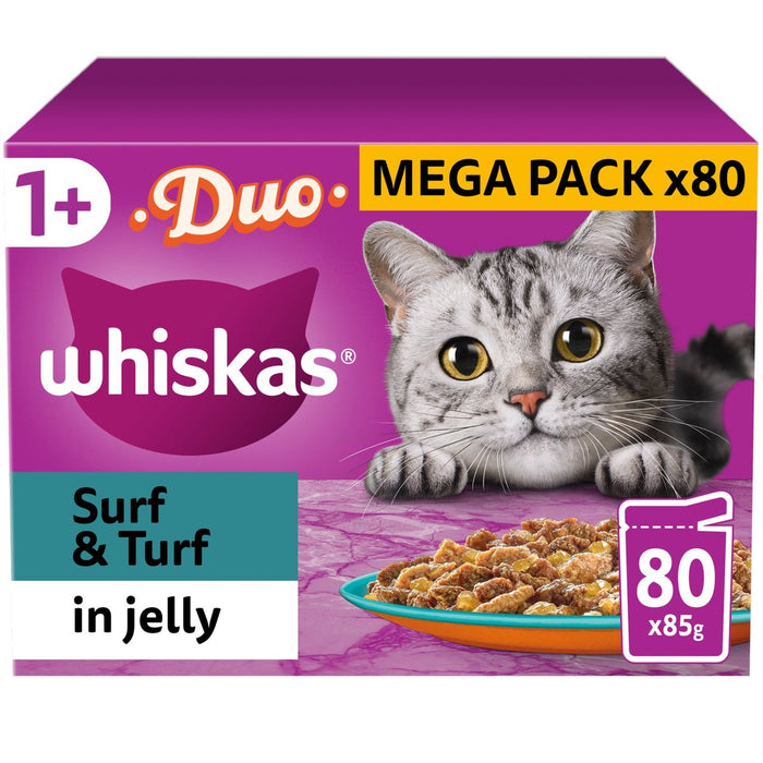 Whiskas 1+ Erwachsene Nasskatze Food -Beutel Surf & Rasen Duo in Gelee 80 x 85g