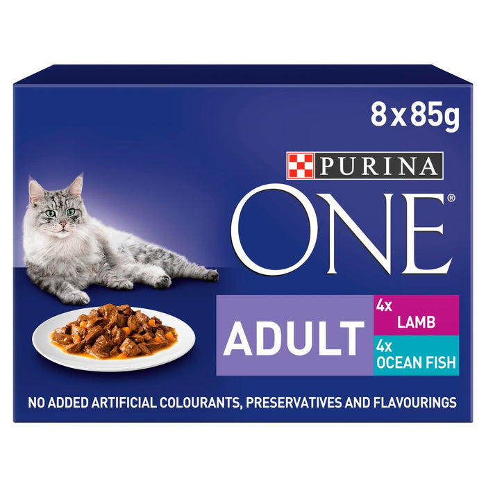 Purina ein erwachsener Katzenfutterfisch und Lamm 8 x 85 g